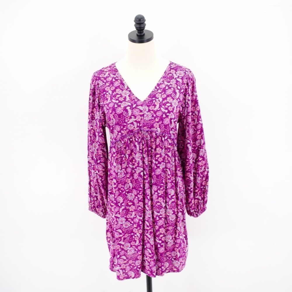 Old Navy XS V-Neck Floral Purple Dress Long Bishop Sleeve Cotton Viscose